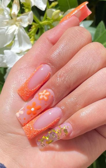 35 Cute Orange Nail Ideas To Rock In Summer Orange Flower Glitter Frenchies 8043