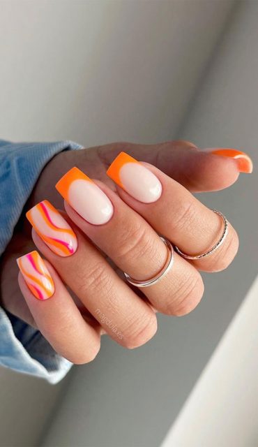 35 Cute Orange Nail Ideas To Rock In Summer Orange French Orange And Hot Pink Swirl