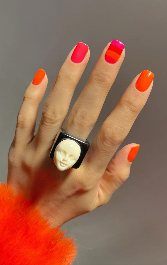 35 Cute Orange Nail Ideas To Rock in Summer : Orange and Hot Pink Short Nails