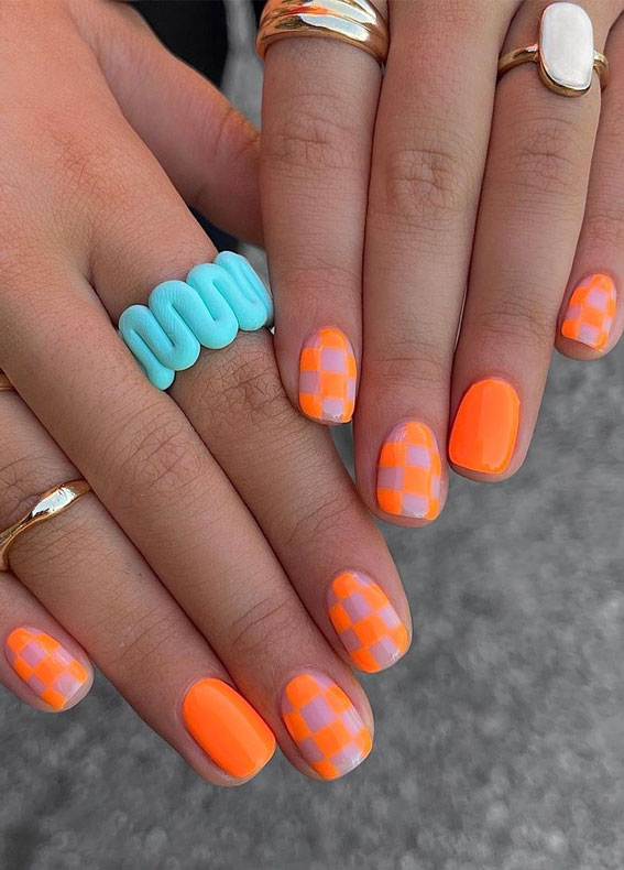 35 Cute Orange Nail Ideas To Rock in Summer : Orange Checkered Board Nails