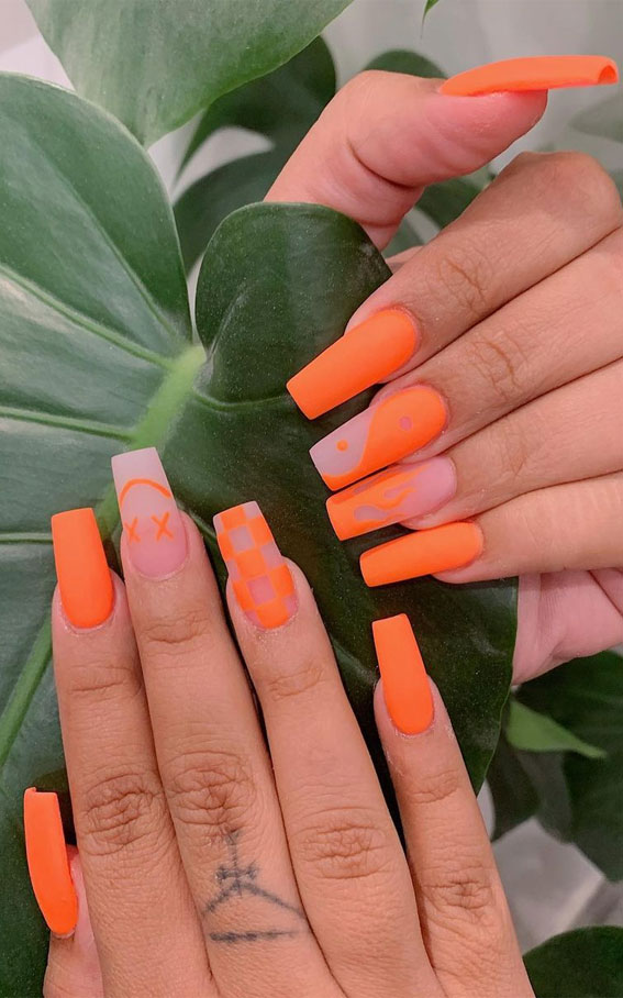 35 Cute Orange Nail Ideas To Rock in Summer : Orange Neon Matte Nails