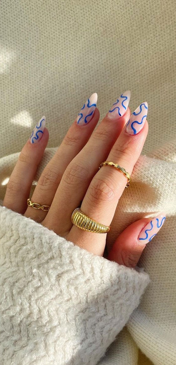 40 Awesome Nail Ideas You Should Try : Blue Squiggle Nude Base Almond Nails