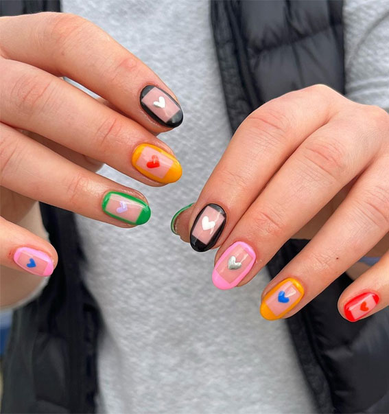 40 Awesome Nail Ideas You Should Try : Colourful Square Love Heart Nails