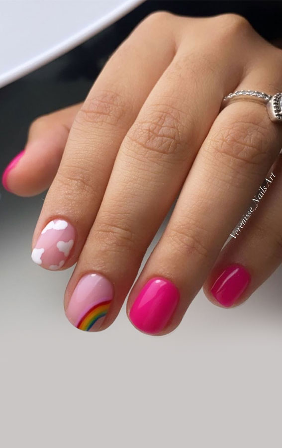 40 Awesome Nail Ideas You Should Try : Cloud, Rainbow Pink Short Nails