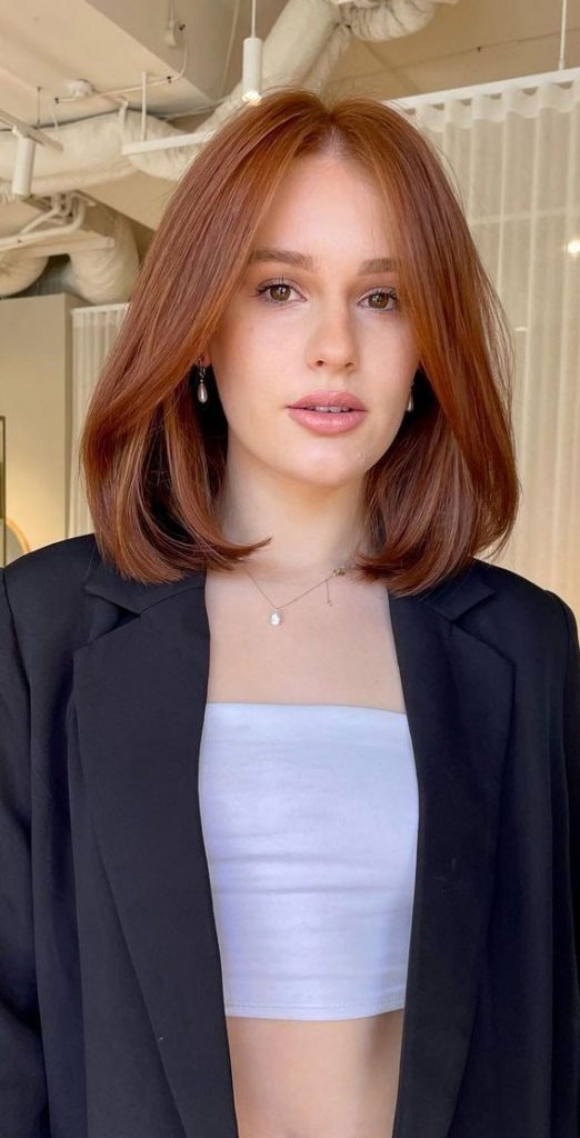 40 Trendy Lob Haircuts And Hairstyles In 2022 Amber Cinnamon Lob With Curtain Bangs 5585