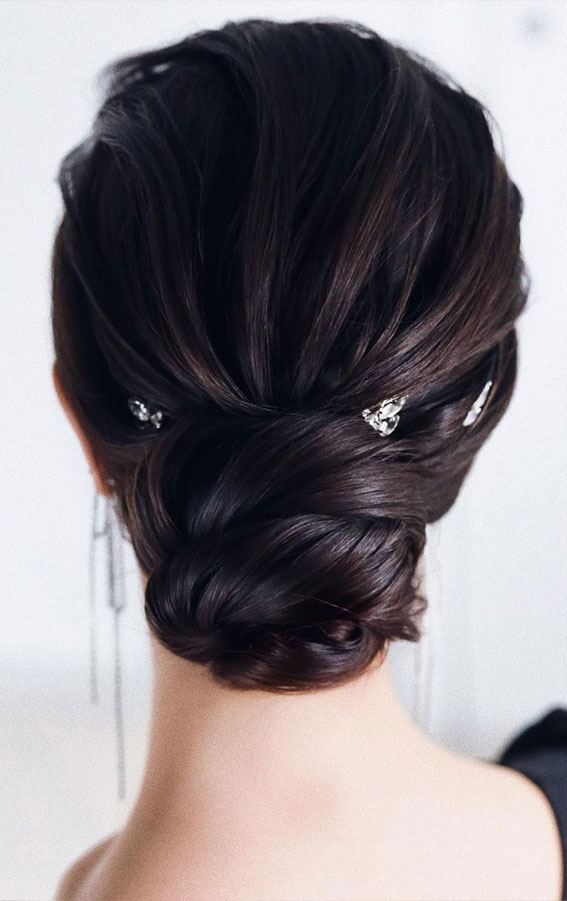50 Stunning Updos For Any Occasion in 2022 : Dark Choco Hair Low Bun