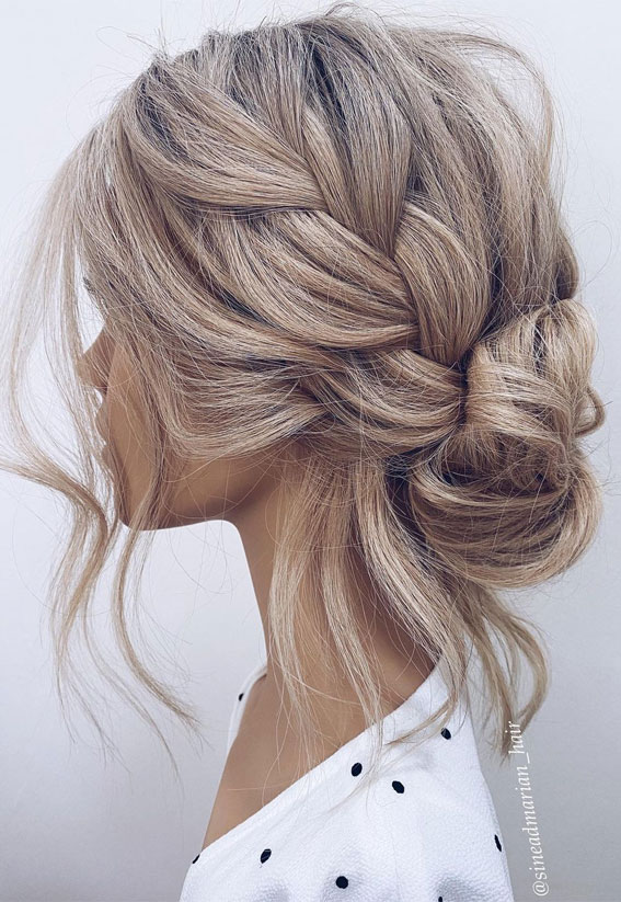 undone braided bun, messy bun, elegant bridal bun, clean bun, sleek and elegant updo