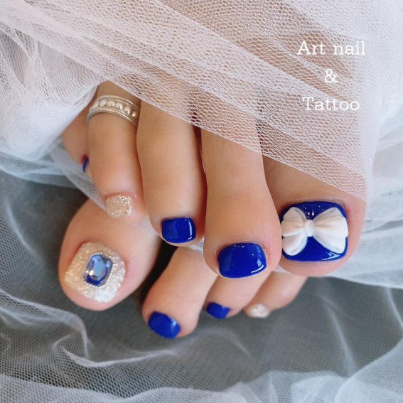 40 EyeCatching Toe Nail Art Designs White Bow Royal Blue Toe Nails