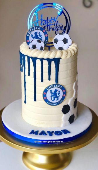 45 Awesome Football Birthday Cake Ideas : White Tall Chelsea Cake with ...