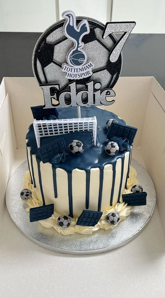45 Awesome Football Birthday Cake Ideas : Blue Icing Drip Tottenham Cake