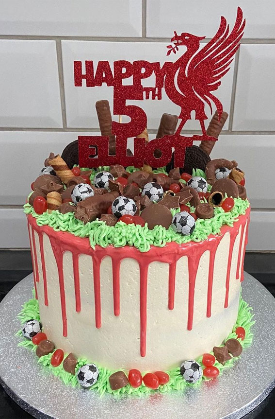 45 Awesome Football Birthday Cake Ideas : Liverpool Cake Topped with Tons of Sweet