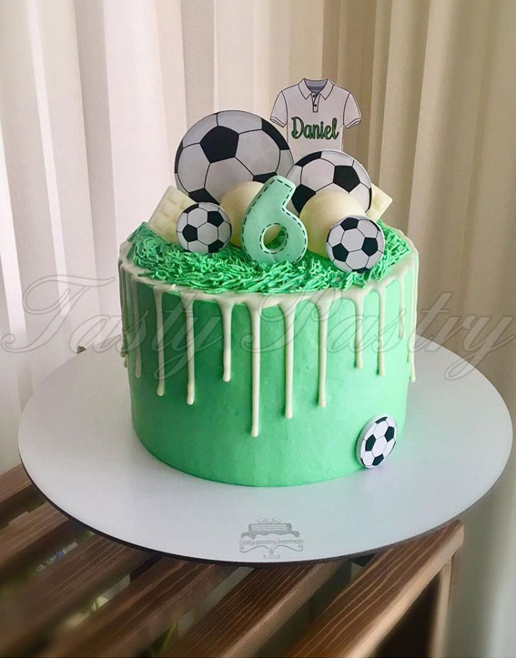 Birthday cake for a football player, a football field and a T-shirt Stock  Photo - Alamy