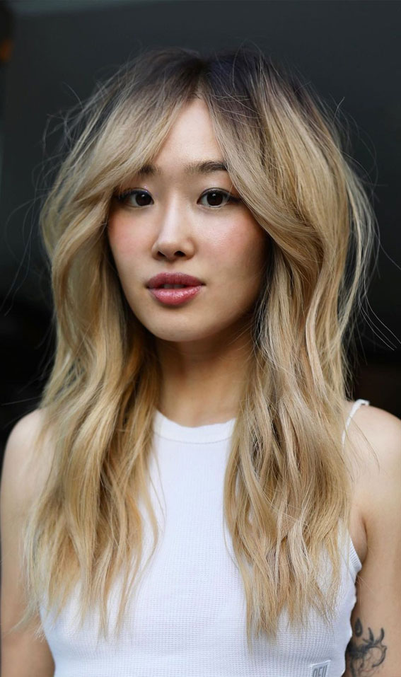 50 Different Haircuts for Women : Blonde Layered Cut + Curtain Bangs