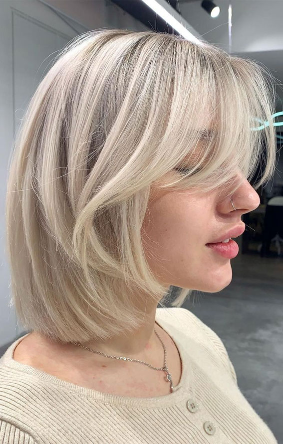 50 Different Haircuts for Women : Blonde Bob with Curtain Bangs