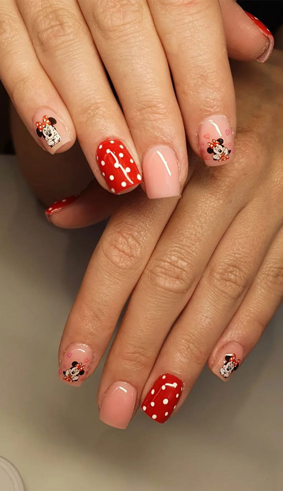 30 Minnie Mouse Nail Designs : Natural + Polka Dot Nails