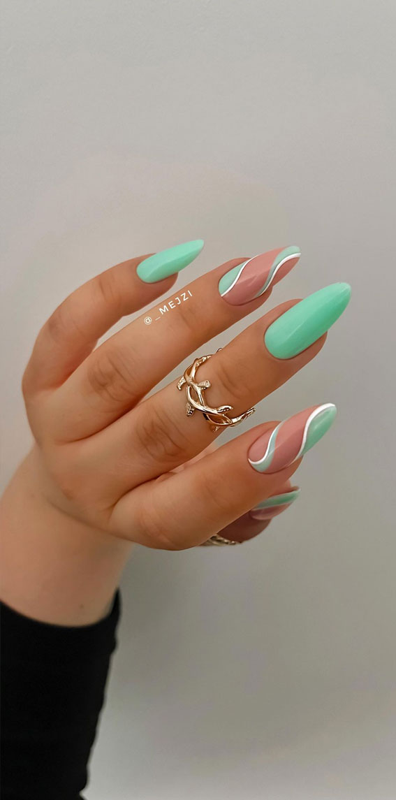 50 Pretty Summer Nails in 2022 For Every Taste : Mint Swirl Nails