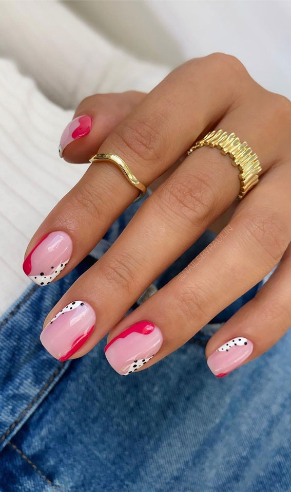 50 Pretty Summer Nails in 2022 For Every Taste : Dalmatian and Pink Abstract Nails
