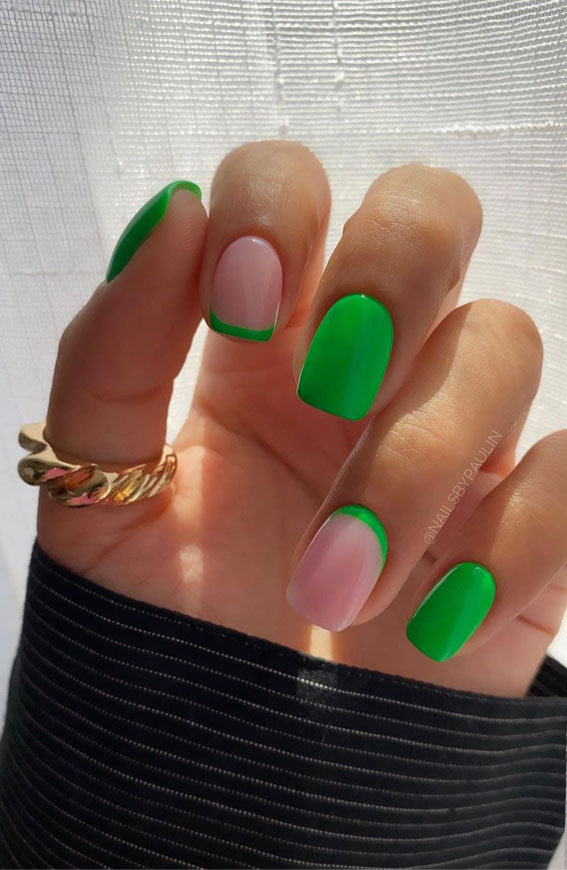 50 Pretty Summer Nails in 2022 For Every Taste : Green Reverse French + French Nails