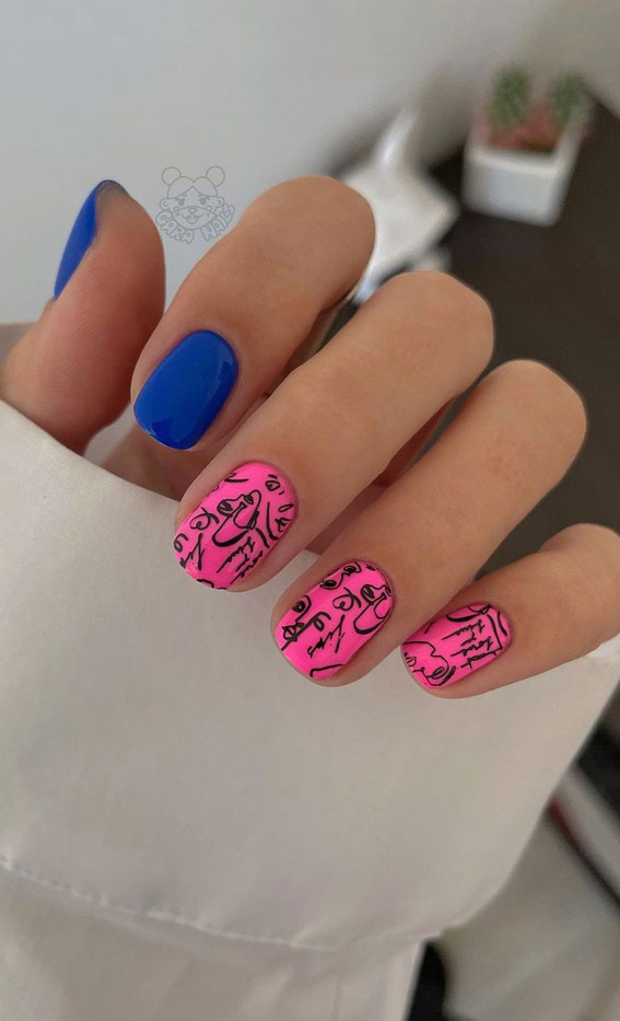 50 Pretty Summer Nails in 2022 For Every Taste : Pink and Cobalt Blue Nails