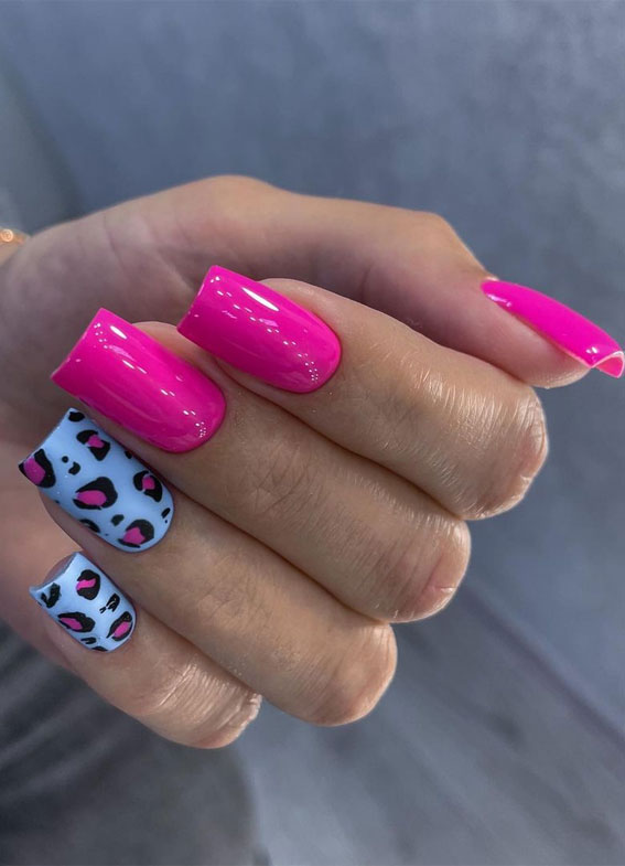 blue leopard pink nails, square nails, summer nails, summer nails 2022, pink summer nails