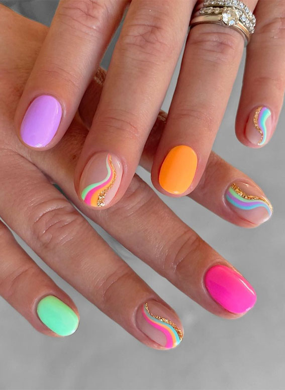 50 Pretty Summer Nails in 2022 For Every Taste : Pink, Orange and Green Swirl Nails