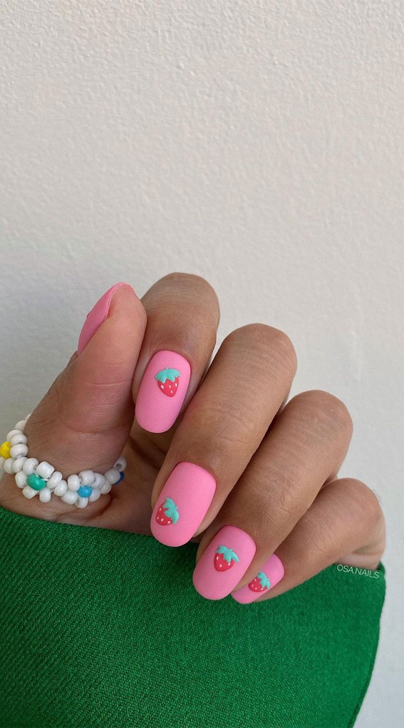 50 Pretty Summer Nails in 2022 For Every Taste : Strawberry Matte Pink Nails