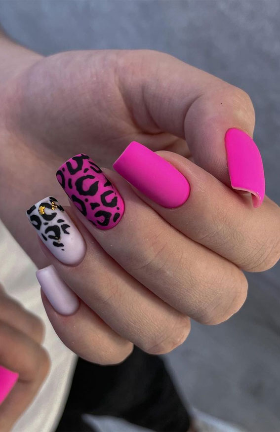 pink leopard pink nails, square nails, summer nails, summer nails 2022, pink summer nails
