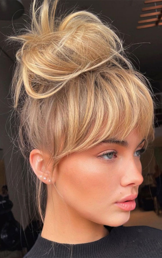 50 Amazing Ways To Style An Updo in 2022 : Top Knot with Bangs