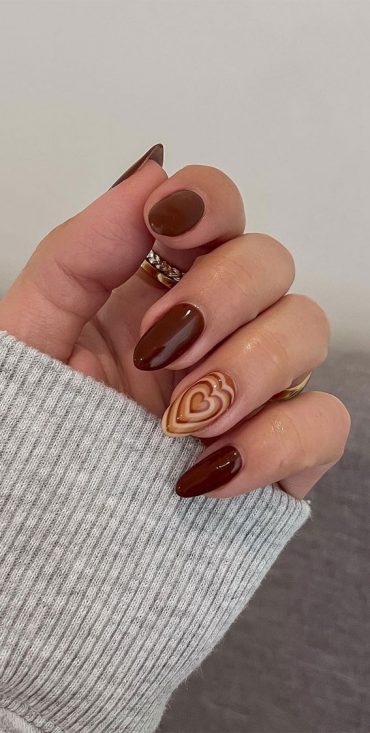 50 Trending Autumn Nail Colours & Designs : Aesthetic Heart Brown Nails