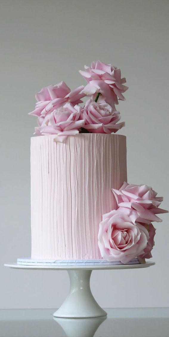 70 Cake Ideas for Birthday & Any Celebration : Textured Pink Cake Topped with Flowers