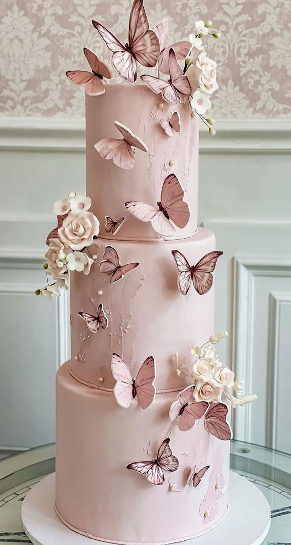 70 Cake Ideas for Birthday & Any Celebration : Pink Butterfly Two-Tiered Cake