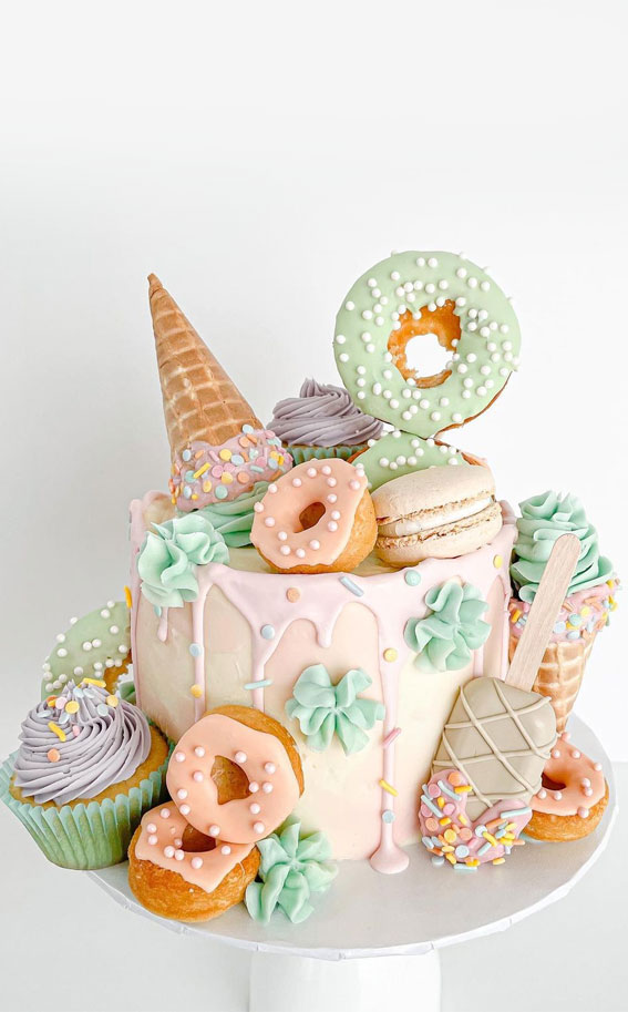 70 Cake Ideas for Birthday & Any Celebration : Ice cream and donuts on a cake