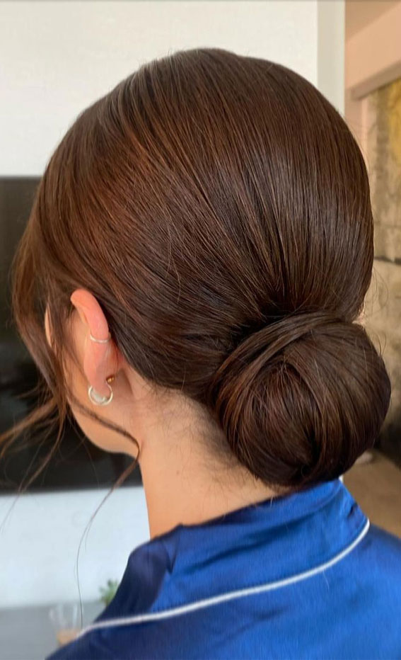 59 Gorgeous Wedding Hairstyles in 2022 : Brunette Sleek Low Bun