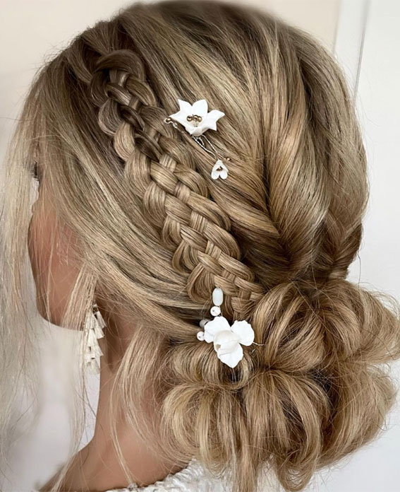 59 Gorgeous Wedding Hairstyles in 2022 : Five Strand Bun + Flower Pins