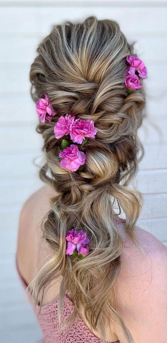 59 Gorgeous Wedding Hairstyles in 2022 : Boho Braid + Bright Pink Carnation