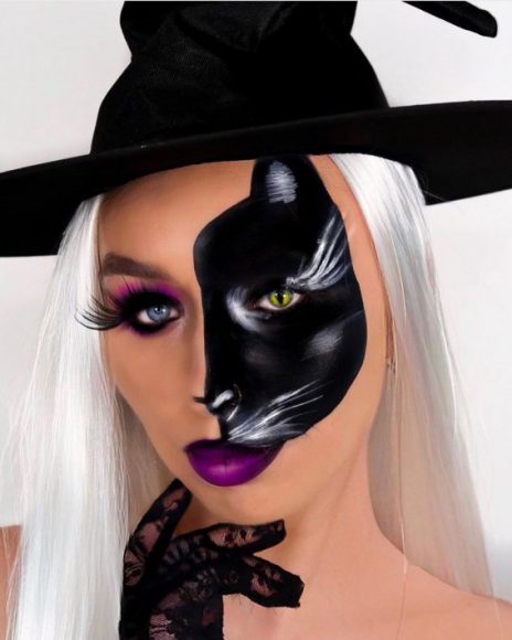 40 Spooky Halloween Makeup Ideas Black Cat Purple Lips 