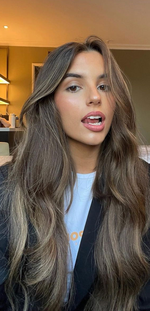 49 Best Shades of Brown Hair Colour Ideas : Ash Brown Long Hair with Blonde Highlights