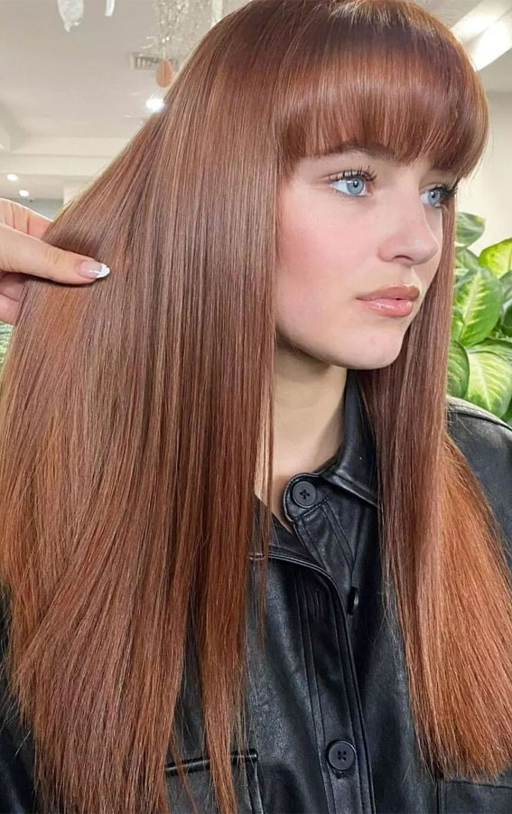 40 Copper Hair Color Ideas That’re Perfect for Fall : Brown Copper Long Hair with Fringe