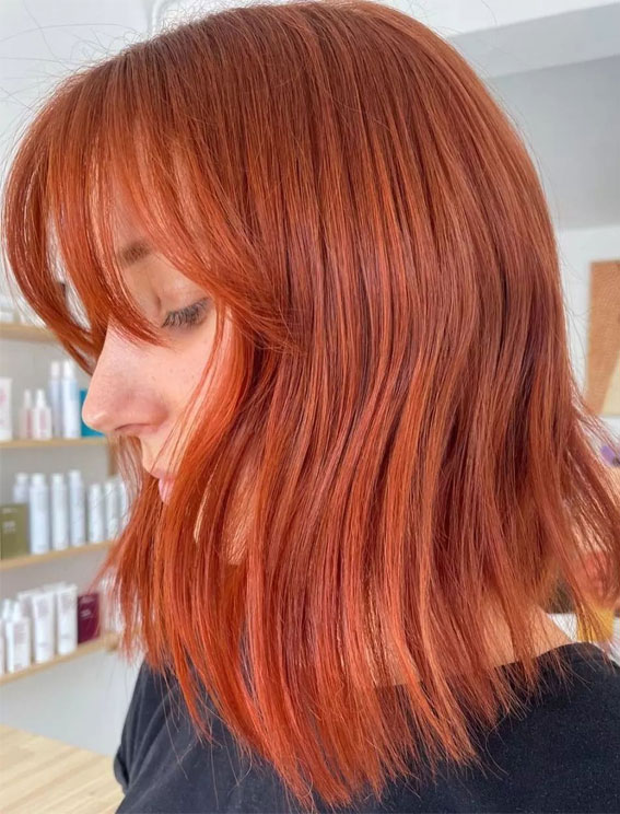 40 Copper Hair Color Ideas That’re Perfect for Fall : Deep Copper with Fringe