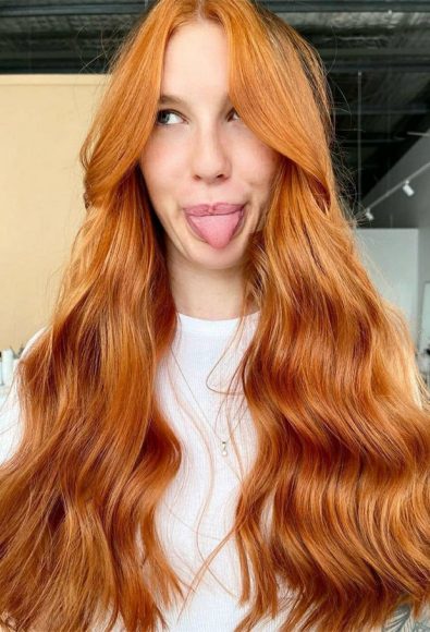 40 Copper Hair Color Ideas Thatre Perfect For Fall Bright Copper Long Hair With Curtain Bangs 7064