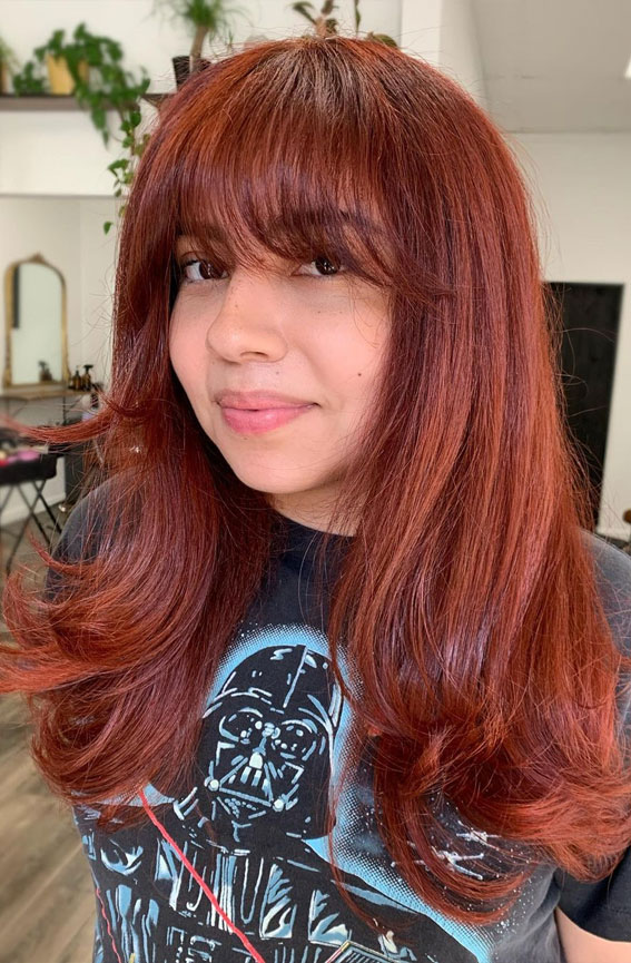 40 Copper Hair Color Ideas That’re Perfect for Fall : Red Copper Layered Cut with Bangs