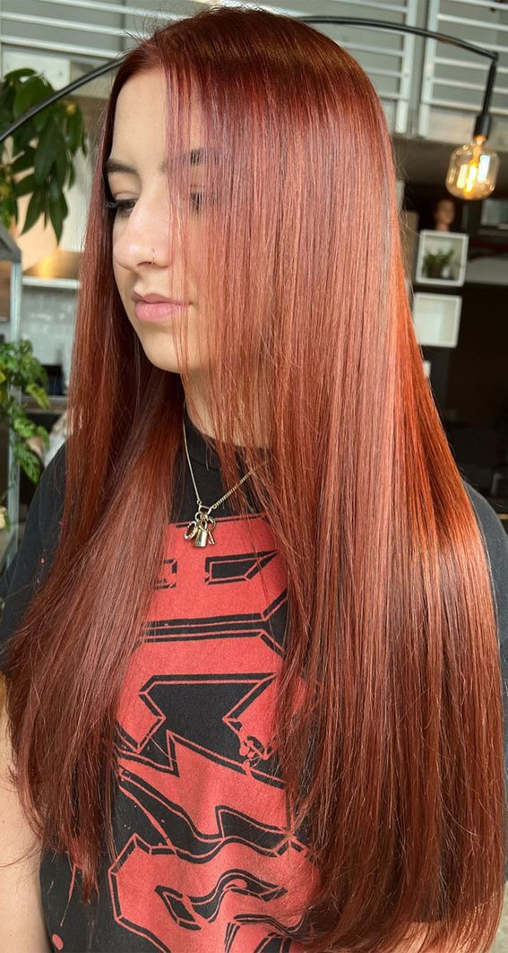 40 Copper Hair Color Ideas That’re Perfect for Fall : Front Layered Red Copper Long Hair