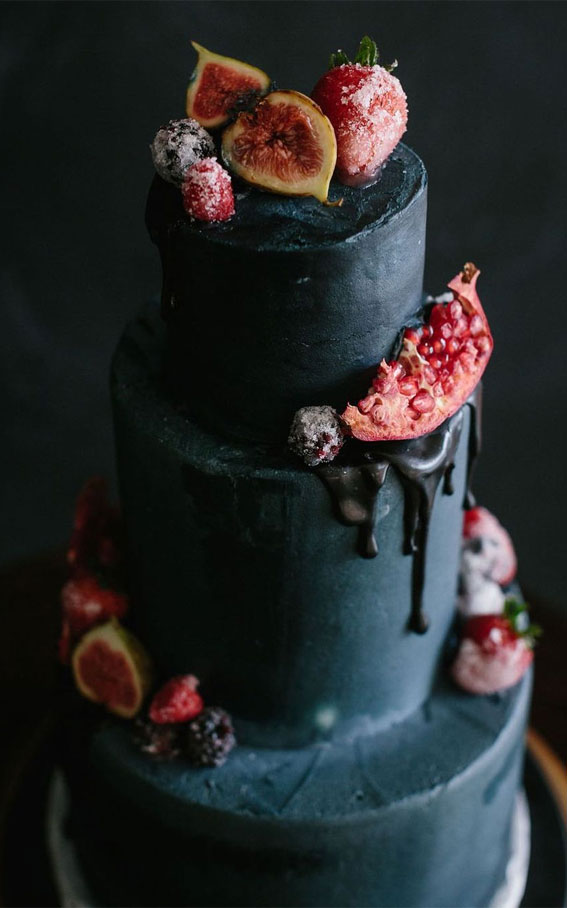 40+ stylish Dark & Moody Wedding Cakes : Black 3 Tier with Black Drips