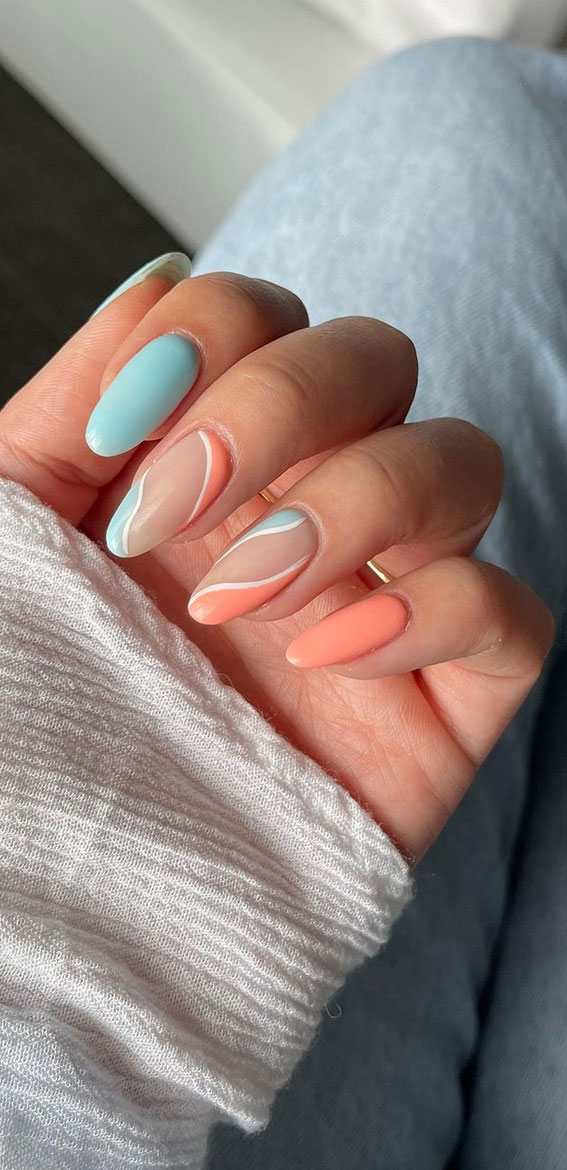 70 Stylish Nail Art Ideas To Try Now Blue and Peach Almond Nails