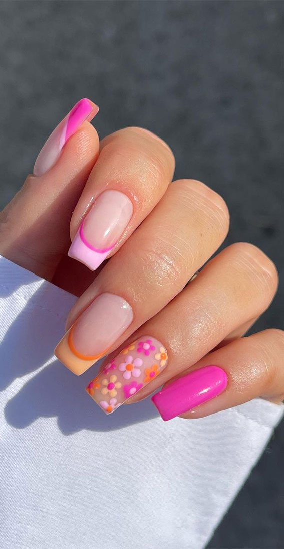 70 Stylish Nail Art Ideas To Try Now : Pink and Orange Flower Nails