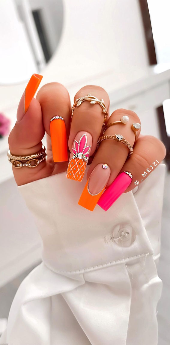 70 Stylish Nail Art Ideas To Try Now : Orange and Pink Pineapple Nails