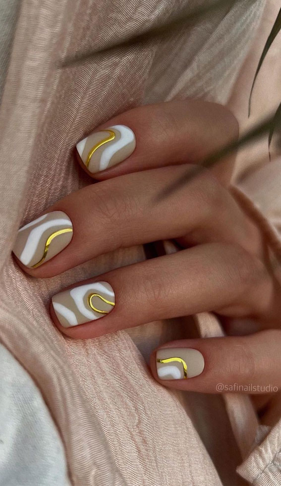 70 Stylish Nail Art Ideas To Try Now : Gold and White Swirl Nails