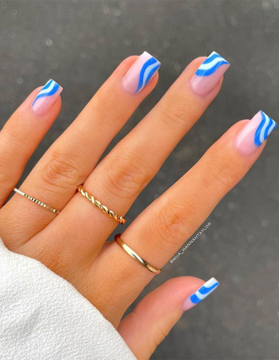 70 Stylish Nail Art Ideas To Try Now : Blue and White Wavy Tip Nails
