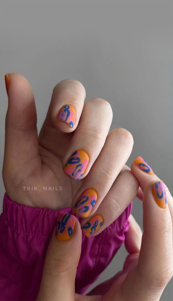 70 Stylish Nail Art Ideas To Try Now : Blue, Pink and Orange Abstract Nail Art