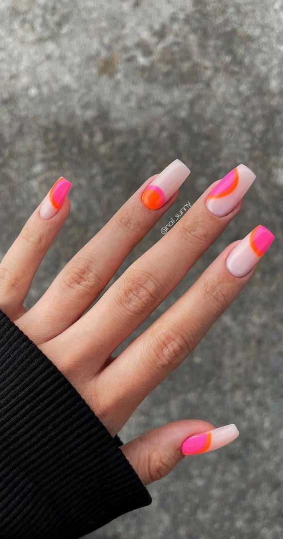 70 Stylish Nail Art Ideas To Try Now : Orange and Bright Pink Abstract Nails